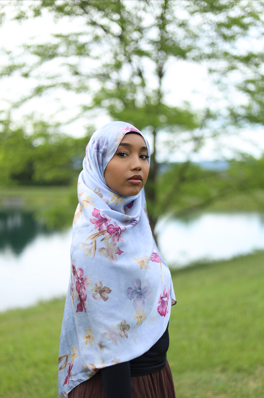 Paint Satin Hijab - Gray Floral